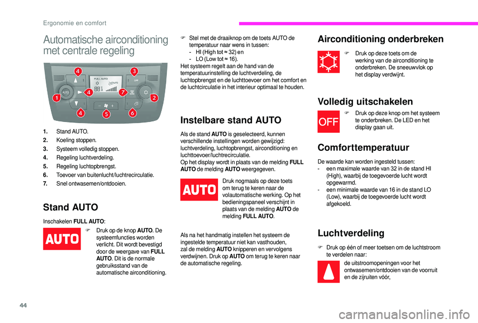 CITROEN JUMPER 2019  Instructieboekjes (in Dutch) 44
Automatische airconditioning 
met centrale regeling
1.Stand AUTO.
2. Koeling stoppen.
3. Systeem volledig stoppen.
4. Regeling luchtverdeling.
5. Regeling luchtopbrengst.
6. Toevoer van buitenlucht