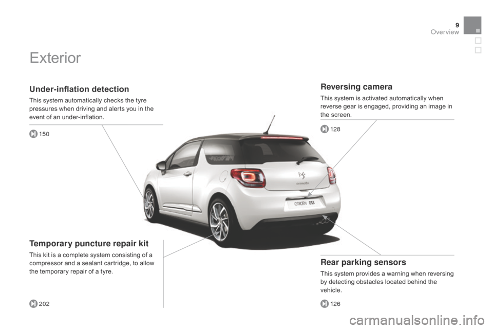 Citroen DS3 2014 1.G Owners Manual 9
DS3_en_Chap00b_vue-ensemble_ed01-2014
Under-inflation detection
This system automatically checks the tyre pressures   when   driving   and   alerts   you   in   the  
e

vent   of   