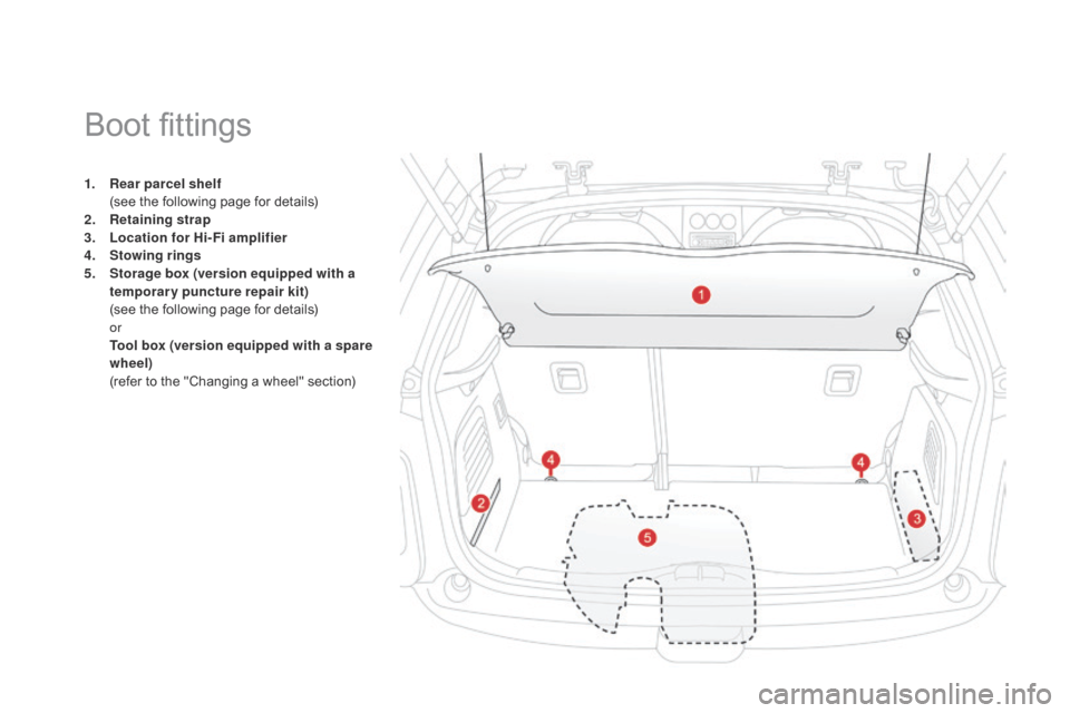 Citroen DS3 2014 1.G User Guide DS3_en_Chap05_amenagement_ed01
1. Rear parcel shelf (
see the following page for details)
2.
R
etaining strap
3.
L
ocation for Hi-Fi amplifier
4.
S
towing rings
5.
S
torage bo Citroen DS3 2014 1.G User Guide DS3_en_Chap05_amenagement_ed01
1. Rear parcel shelf (
see the following page for details)
2.
R
etaining strap
3.
L
ocation for Hi-Fi amplifier
4.
S
towing rings
5.
S
torage bo