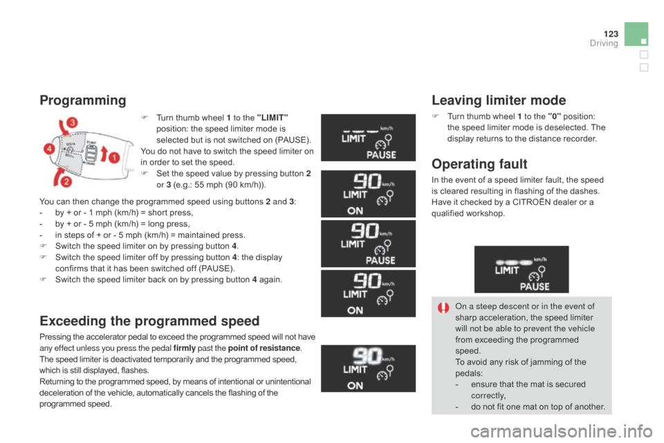 Citroen DS3 2014 1.G Owners Guide 123
DS3_en_Chap06_conduite_ed01-2014
F Turn thumb wheel 1 to the "LIMIT"
position: the speed limiter mode is
s
elected but is not switched on (PAUSE).
Yo Citroen DS3 2014 1.G Owners Guide 123
DS3_en_Chap06_conduite_ed01-2014
F Turn thumb wheel 1 to the "LIMIT"
position: the speed limiter mode is
s
elected but is not switched on (PAUSE).
Yo