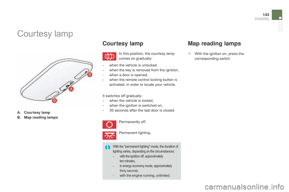 Citroen DS3 2014 1.G Owners Manual 143
DS3_en_Chap07_visibilite_ed01-2014
A. courtesy lamp
B. M
ap reading lamps
Courtesy lam p
In this position, the courtesy lamp c
omes   on   gradually:
courtesy lamp
- when  the   vehicl