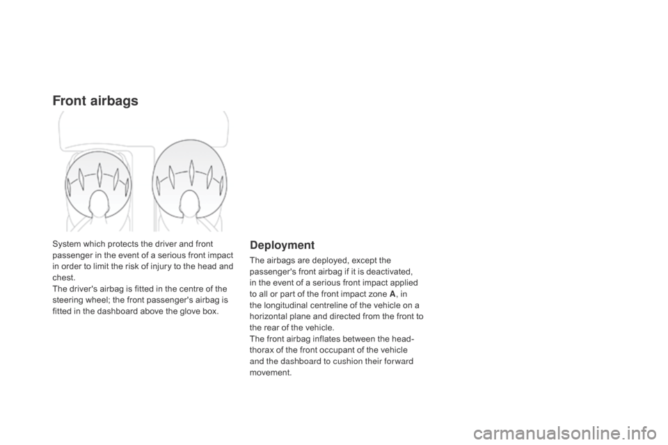 Citroen DS3 2014 1.G Owners Guide Front airbags
System which protects the driver and front passenger   in   the   event   of   a   serious   front   impact  
i

n   order   to   limit   the   risk   of   injury 