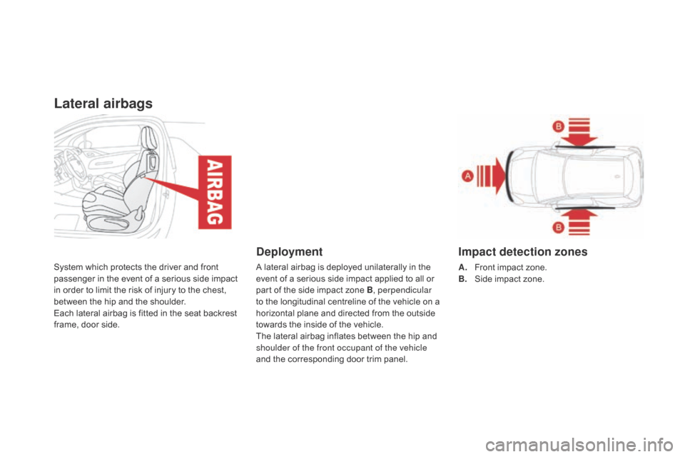 Citroen DS3 2014 1.G Owners Guide Lateral airbags
System which protects the driver and front passenger   in   the   event   of   a   serious   side   impact  
i

n   order   to   limit   the   risk   of   injury