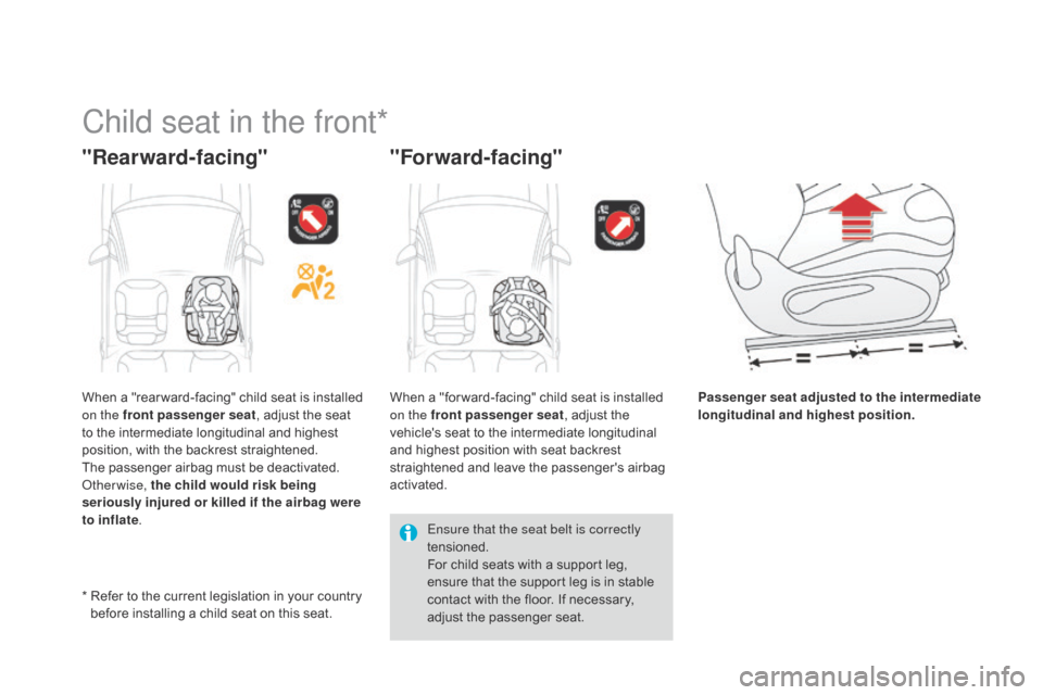 Citroen DS3 2014 1.G Owners Manual DS3_en_Chap09_securite-enfants_ed01-2014
Child seat in the front*
"Rearward-facing""For ward-facing"
Passenger seat adjusted to the intermediate
longitudinal and highest position.
*
R
efer
t Citroen DS3 2014 1.G Owners Manual DS3_en_Chap09_securite-enfants_ed01-2014
Child seat in the front*
"Rearward-facing""For ward-facing"
Passenger seat adjusted to the intermediate
longitudinal and highest position.
*
R
efer
t