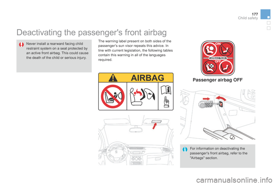 Citroen DS3 2014 1.G Owners Manual 177
DS3_en_Chap09_securite-enfants_ed01-2014
Deactivating the passengers front airbag
Never install a rear ward facing child restraint system on a seat protected by
a
Citroen DS3 2014 1.G Owners Manual 177
DS3_en_Chap09_securite-enfants_ed01-2014
Deactivating the passengers front airbag
Never install a rear ward facing child restraint system on a seat protected by
a