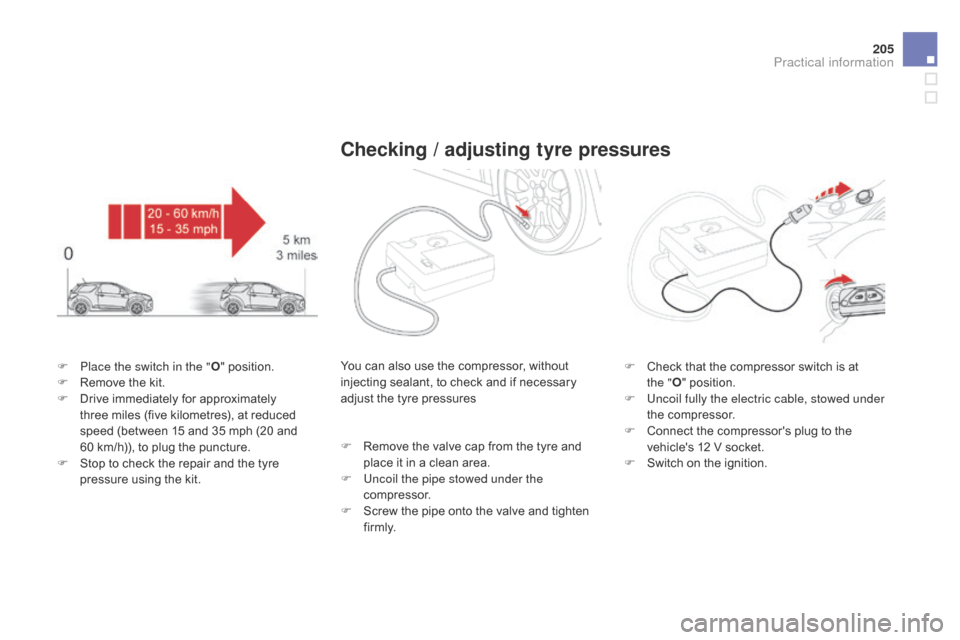 Citroen DS3 2014 1.G Owners Manual 205
DS3_en_Chap10_info-pratiques_ed01-2014
F Place the switch in the "O"   position.
F  R emove   the   kit.
F
 
D
 rive   immediately   for   approximately  
t

hree   miles   (five   kil