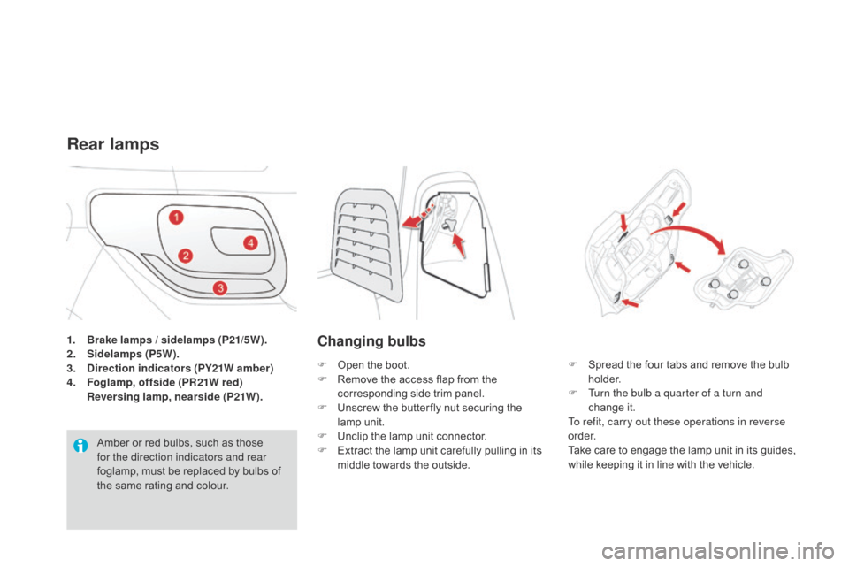 Citroen DS3 2014 1.G Owners Guide DS3_en_Chap10_info-pratiques_ed01-2014
1. Brake lamps / sidelamps (P21/5W).
2. Sidelamps (P5W).
3.
di
rection indicators (PY21W amber)
4.
F
oglamp, offside (PR21W red)
R
eversing lamp, near Citroen DS3 2014 1.G Owners Guide DS3_en_Chap10_info-pratiques_ed01-2014
1. Brake lamps / sidelamps (P21/5W).
2. Sidelamps (P5W).
3.
di
rection indicators (PY21W amber)
4.
F
oglamp, offside (PR21W red)
R
eversing lamp, near