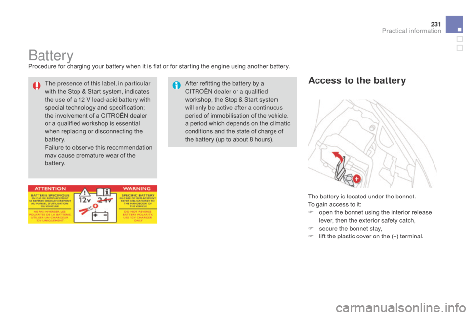 Citroen DS3 2014 1.G Owners Manual 231
DS3_en_Chap10_info-pratiques_ed01-2014
batteryProcedure for charging your battery when it is flat or for starting the engine using another battery.T he   battery   is   located 