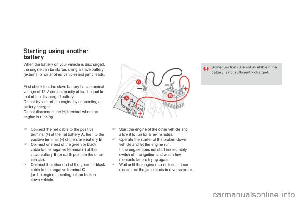 Citroen DS3 2014 1.G User Guide DS3_en_Chap10_info-pratiques_ed01-2014
When the battery on your vehicle is discharged, the engine can be started using a slave battery
(
external or on ano Citroen DS3 2014 1.G User Guide DS3_en_Chap10_info-pratiques_ed01-2014
When the battery on your vehicle is discharged, the engine can be started using a slave battery
(
external or on ano