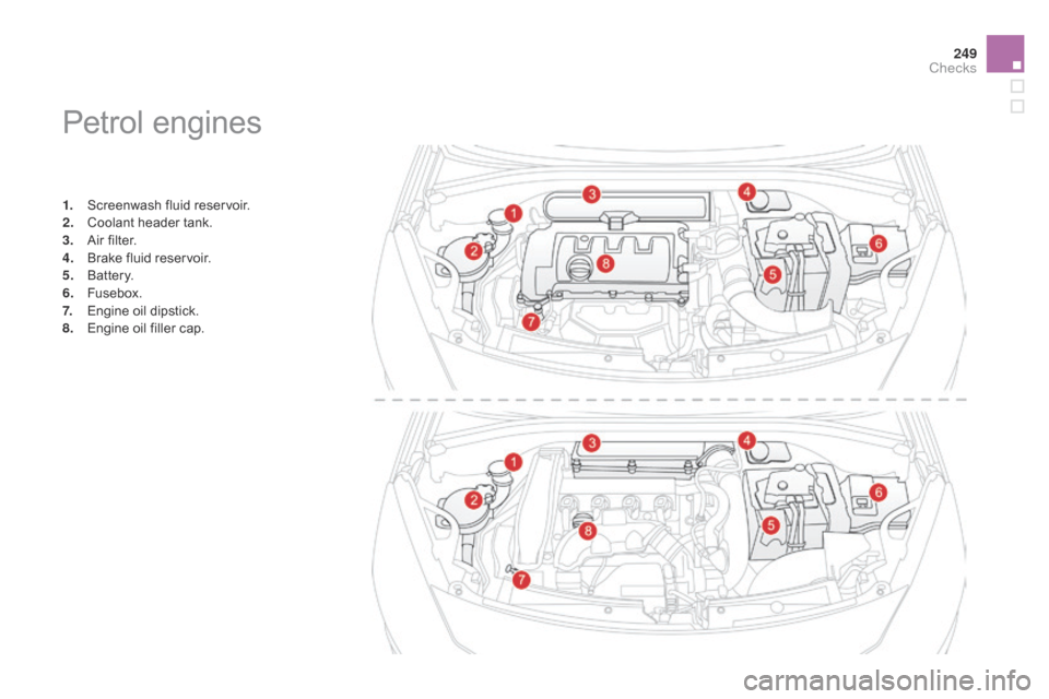 Citroen DS3 2014 1.G Owners Manual 249
DS3_en_Chap11_verifications_ed01-2014
Petrol engines
1. Screenwash  fluid   reservoir.
2. C oolant   header   tank.
3.
 A

ir   filter.
4.
 B

rake   fluid   reservoir.
5.
 B

attery.