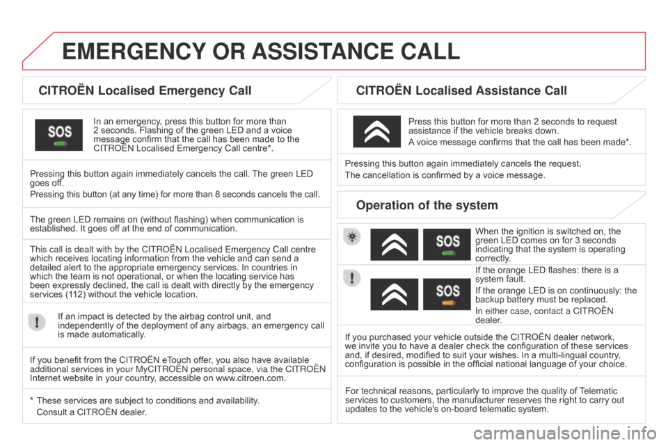 Citroen DS3 2014 1.G Owners Manual DS3_en_Chap13a_bTa_ed01-2014
EMERGENcY OR  ASSIST AN c E  c ALL
cITROËN Localised Emergency call
In an emergency, press this button for more than 2
  seconds.   Flashing   of   the   gr