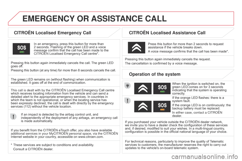 Citroen DS3 2014 1.G Owners Manual DS3_en_Chap13a_bTa_ed01-2014
EMERGENcY OR ASSIST AN c E c ALL
cITROËN Localised Emergency call
In an emergency, press this button for more than 2
seconds. Flashing of the gr Citroen DS3 2014 1.G Owners Manual DS3_en_Chap13a_bTa_ed01-2014
EMERGENcY OR ASSIST AN c E c ALL
cITROËN Localised Emergency call
In an emergency, press this button for more than 2
seconds. Flashing of the gr