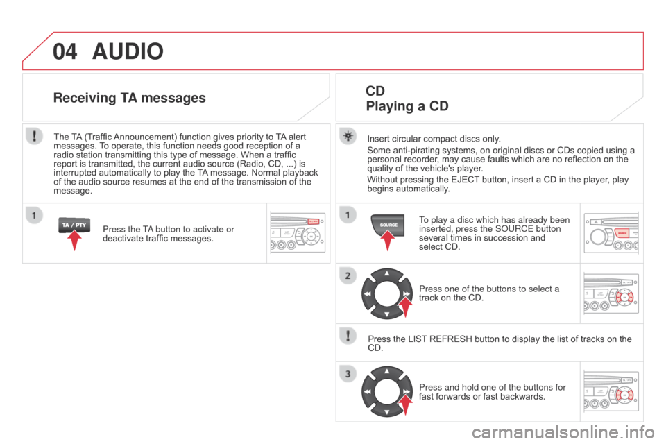 Citroen DS3 2014 1.G User Guide 04
DS3_en_Chap13c_RD45_ed01-2014
AUdIO
Insert circular compact discs only.
Some anti-pirating systems, on original discs or CDs copied using a
personal
recorde Citroen DS3 2014 1.G User Guide 04
DS3_en_Chap13c_RD45_ed01-2014
AUdIO
Insert circular compact discs only.
Some anti-pirating systems, on original discs or CDs copied using a
personal
recorde