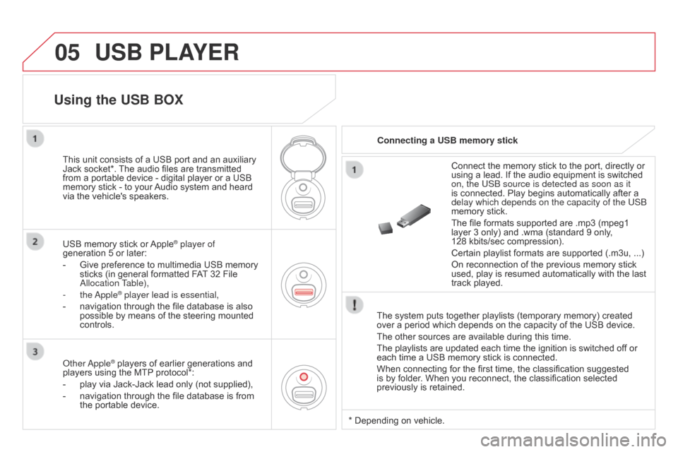 Citroen DS3 2014 1.G User Guide 05
DS3_en_Chap13c_RD45_ed01-2014
USB PLAYER
The system puts together playlists (temporary memory) created over a  period  which  depends  on  the  capacity  of  the  USB  Citroen DS3 2014 1.G User Guide 05
DS3_en_Chap13c_RD45_ed01-2014
USB PLAYER
The system puts together playlists (temporary memory) created over a  period  which  depends  on  the  capacity  of  the  USB Â
