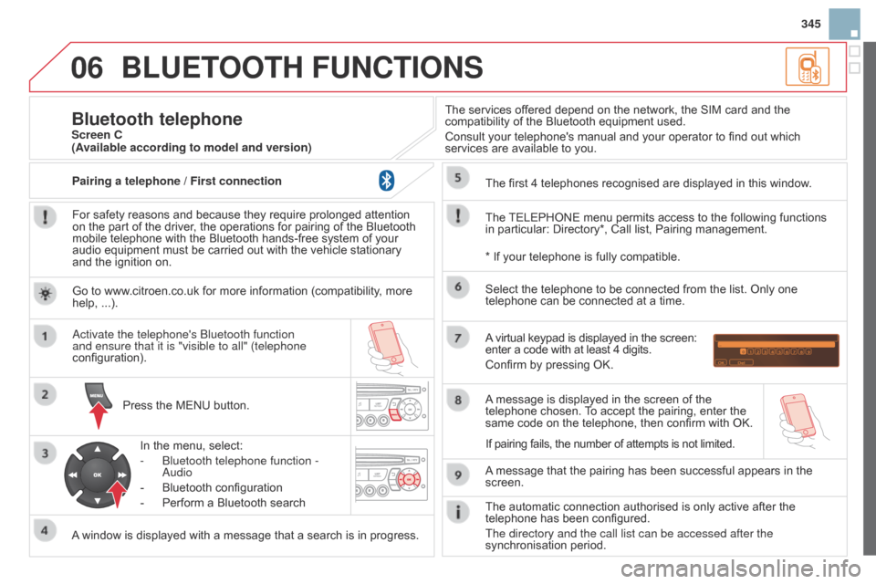 Citroen DS3 2014 1.G Owners Guide 06
345
DS3_en_Chap13c_RD45_ed01-2014
BLUETOOTH FUNcTIONS
For safety reasons and because they require prolonged attention on  the   part   of   the   driver,   the   operations   for �