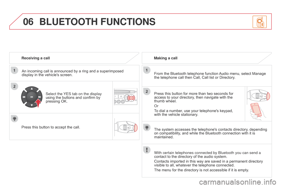 Citroen DS3 2014 1.G Owners Guide 06
DS3_en_Chap13c_RD45_ed01-2014
Receiving a callAn   incoming   call   is   announced   by   a   ring   and   a   superimposed  
display

  in   the   vehicles   screen.
Select the YE