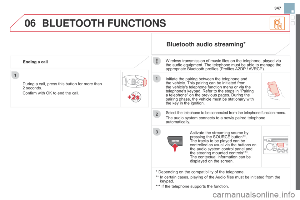 Citroen DS3 2014 1.G User Guide 06
347
DS3_en_Chap13c_RD45_ed01-2014
Initiate the pairing between the telephone and the vehicle. This pairing can be initiated from
the
vehicles telephone funct Citroen DS3 2014 1.G User Guide 06
347
DS3_en_Chap13c_RD45_ed01-2014
Initiate the pairing between the telephone and the vehicle. This pairing can be initiated from
the
vehicles telephone funct