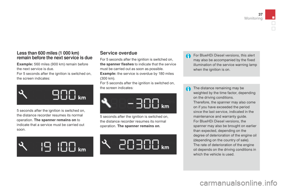 Citroen DS3 2014 1.G Owners Manual 37
DS3_en_Chap01_controle-de-marche_ed01-2014
Less than 600 miles (1 000 km) 
remain before the next service is due
Example: 560   miles   (900   km)   remain   before  t
he   next   service 