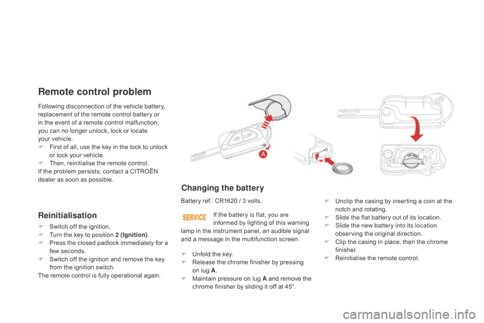 Citroen DS3 2014 1.G Owners Manual DS3_en_Chap03_ouvertures_ed01-2014
Following disconnection of the vehicle battery, replacement   of   the   remote   control   battery   or  
i

n   the   event   of   a   remote   