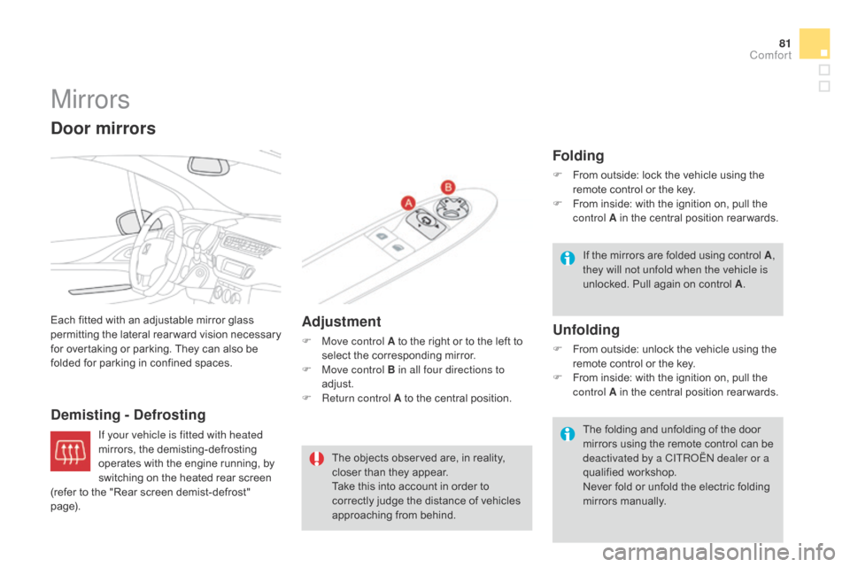Citroen DS3 2014 1.G Owners Manual 81
DS3_en_Chap04_confort_ed01-2014
Mirrors
Each fitted with an adjustable mirror glass permitting t he la teral r earward v ision n ecessary f

or   overtaking   or   parking.   They 
