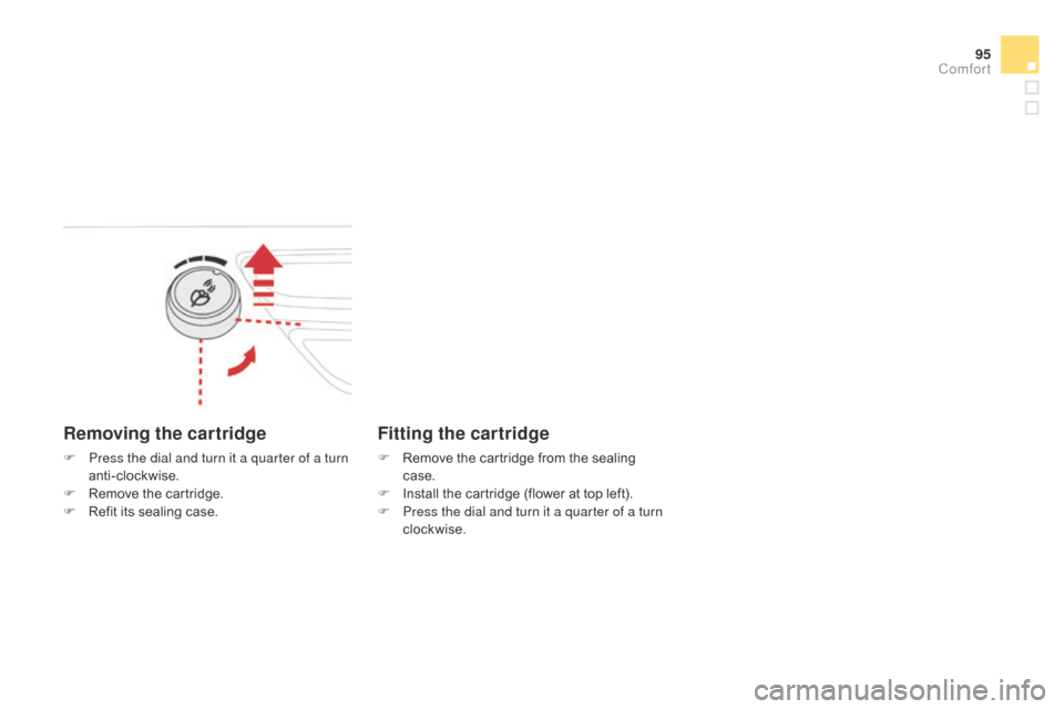 Citroen DS3 2014 1.G Owners Manual 95
DS3_en_Chap04_confort_ed01-2014
Removing the cartridge
F Press the dial and turn it a quarter of a turn anti-clockwise.
F
 
R
 emove   the   cartridge.
F
 
R
 efit   its   sealing   case.
Fi