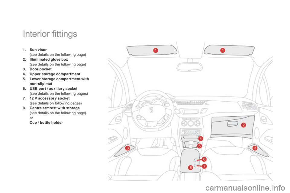 Citroen DS3 2014 1.G Owners Manual DS3_en_Chap05_amenagement_ed01
Interior fittings
1. Sun visor  (
see  details  on  the  following  page)
2.
I
lluminated glove box
 (
see  details  on  the  following  page Citroen DS3 2014 1.G Owners Manual DS3_en_Chap05_amenagement_ed01
Interior fittings
1. Sun visor  (
see  details  on  the  following  page)
2.
I
lluminated glove box
 (
see  details  on  the  following  page