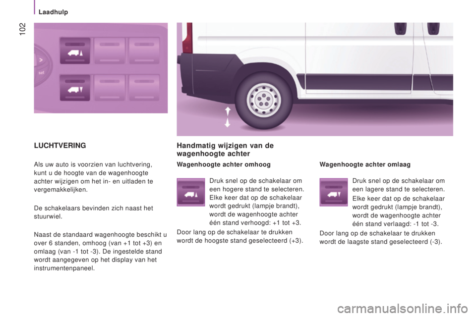 CITROEN JUMPER 2017 Instructieboekjes (in Dutch) 102
Jumper_nl_Chap04_Technologie-a-bord_ed01-2016
lUCHTVeRINg
Als uw auto is voorzien van luchtvering,
kunt u de hoogte van de wagenhoogte
achter wijzigen om het in- en uitladen te
vergemakkelijke CITROEN JUMPER 2017 Instructieboekjes (in Dutch) 102
Jumper_nl_Chap04_Technologie-a-bord_ed01-2016
lUCHTVeRINg
Als uw auto is voorzien van luchtvering,
kunt u de hoogte van de wagenhoogte
achter wijzigen om het in- en uitladen te
vergemakkelijke