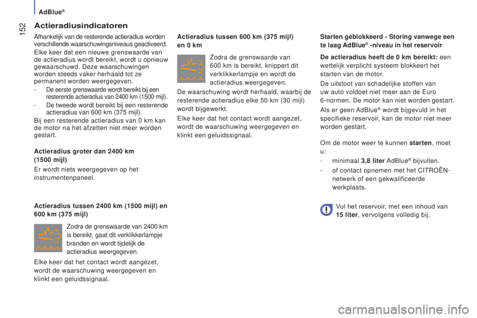 CITROEN JUMPER 2017 Instructieboekjes (in Dutch) AdBlue®
152
Jumper_nl_Chap07_Verifications_ed01-2016
Actieradiusindicatoren
Afhankelijk van de resterende actieradius worden
verschillende waarschuwingsniveaus geactiveerd.
Elke keer dat een nieuwe CITROEN JUMPER 2017 Instructieboekjes (in Dutch) AdBlue®
152
Jumper_nl_Chap07_Verifications_ed01-2016
Actieradiusindicatoren
Afhankelijk van de resterende actieradius worden
verschillende waarschuwingsniveaus geactiveerd.
Elke keer dat een nieuwe