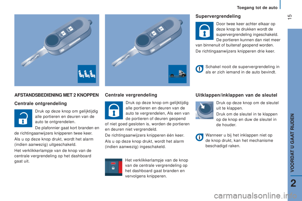 CITROEN JUMPER 2017  Instructieboekjes (in Dutch)  15
Toegang tot de auto
Jumper_nl_Chap02_Pret-a-Partir_ed01-2016
AFSTANdSBedIeNINg MeT 2 kNOPPeN
Centrale ontgrendeling
Druk op deze knop om gelijktijdig 
alle portieren en deuren van de 
auto te ontg
