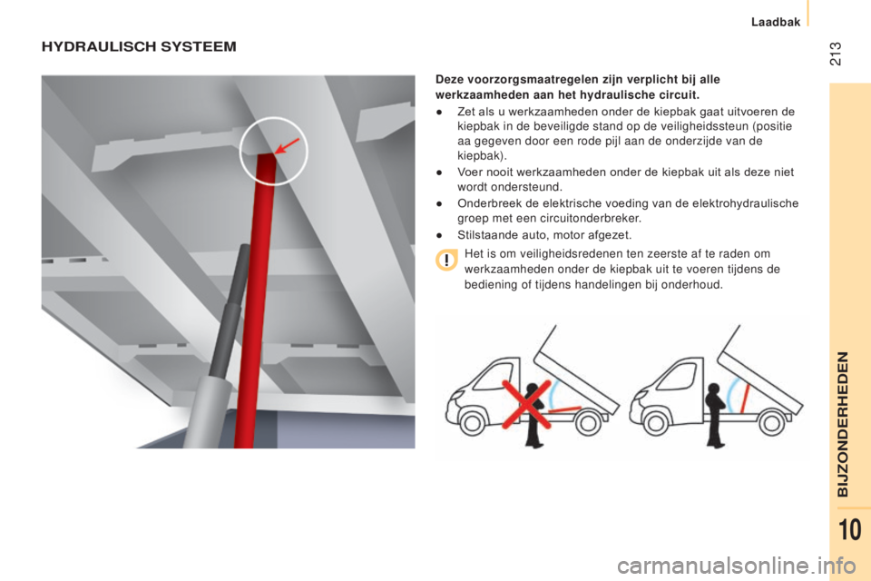 CITROEN JUMPER 2017 Instructieboekjes (in Dutch) 213
laadbak
Jumper_nl_Chap10_Particularites_ed01-2016
HydRAUlISCH SySTeeM
deze voorzorgsmaatregelen zijn verplicht bij alle
werkzaamheden aan het hydraulische circuit.
●
Zet als u werkzaamheden CITROEN JUMPER 2017 Instructieboekjes (in Dutch) 213
laadbak
Jumper_nl_Chap10_Particularites_ed01-2016
HydRAUlISCH SySTeeM
deze voorzorgsmaatregelen zijn verplicht bij alle
werkzaamheden aan het hydraulische circuit.
●
Zet als u werkzaamheden