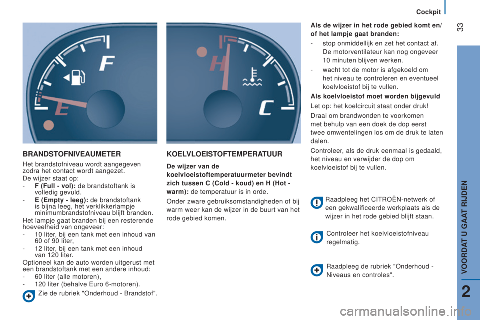CITROEN JUMPER 2017 Instructieboekjes (in Dutch) Cockpit
33
Jumper_nl_Chap02_Pret-a-Partir_ed01-2016
BRANdSTOFNIVeAUMeTeR
Het brandstofniveau wordt aangegeven
zodra het contact wordt aangezet.
De wijzer staat op:
-
F (Full - vol):
de brandstoft CITROEN JUMPER 2017 Instructieboekjes (in Dutch) Cockpit
33
Jumper_nl_Chap02_Pret-a-Partir_ed01-2016
BRANdSTOFNIVeAUMeTeR
Het brandstofniveau wordt aangegeven
zodra het contact wordt aangezet.
De wijzer staat op:
-
F (Full - vol):
de brandstoft