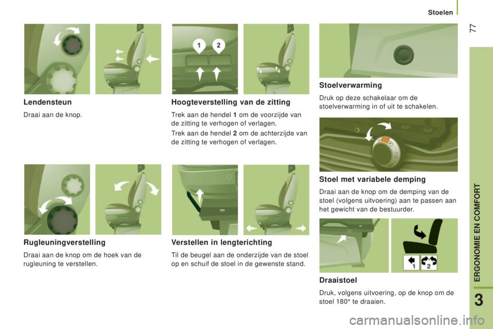 CITROEN JUMPER 2017 Instructieboekjes (in Dutch) Stoelen
77
Jumper_nl_Chap03_Ergo-et-confort_ed01-2016
lendensteun
Draai aan de knop.
Hoogteverstelling van de zitting
Trek aan de hendel 1 om de voorzijde van
de zitting te verhogen of verlagen.
Tre CITROEN JUMPER 2017 Instructieboekjes (in Dutch) Stoelen
77
Jumper_nl_Chap03_Ergo-et-confort_ed01-2016
lendensteun
Draai aan de knop.
Hoogteverstelling van de zitting
Trek aan de hendel 1 om de voorzijde van
de zitting te verhogen of verlagen.
Tre