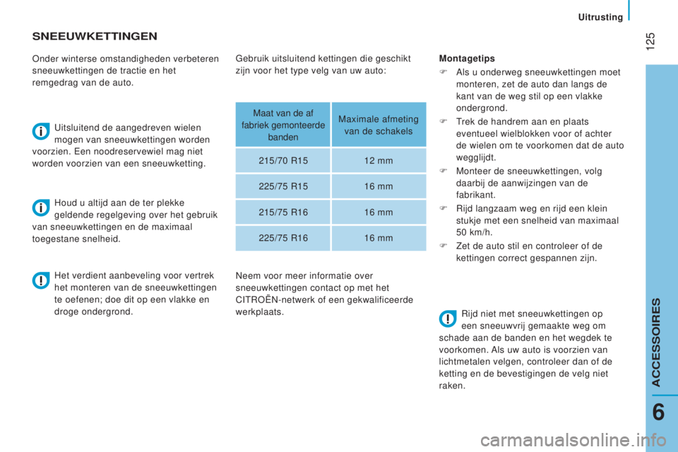 CITROEN JUMPER 2016  Instructieboekjes (in Dutch)  125
jumper_nl_Chap06_Accessoires_ed01-2015
SneeUWkeTTIngen
Onder winterse omstandigheden verbeteren 
sneeuwkettingen de tractie en het 
remgedrag van de auto.Uitsluitend de aangedreven wielen 
mogen 