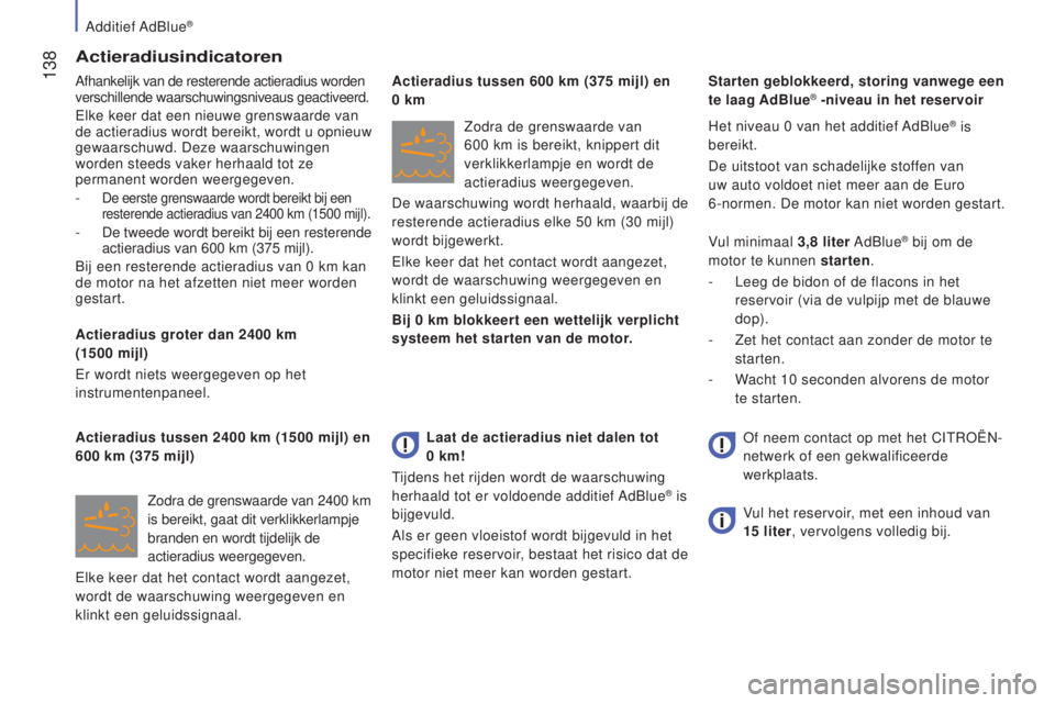 CITROEN JUMPER 2016  Instructieboekjes (in Dutch)  138
jumper_nl_Chap07_Verifications_ed01-2015
Actieradiusindicatoren
Afhankelijk van de resterende actieradius worden 
verschillende waarschuwingsniveaus geactiveerd.
Elke keer dat een nieuwe grenswaa