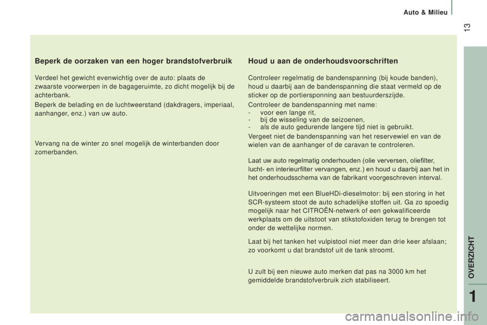 CITROEN JUMPER 2016 Instructieboekjes (in Dutch) 13
jumper_nl_Chap01_vue-ensemble_ed01-2015
Beperk de oorzaken van een hoger brandstofverbruik
Verdeel het gewicht evenwichtig over de auto: plaats de
zwaarste voorwerpen in de bagageruimte, zo dicht CITROEN JUMPER 2016 Instructieboekjes (in Dutch) 13
jumper_nl_Chap01_vue-ensemble_ed01-2015
Beperk de oorzaken van een hoger brandstofverbruik
Verdeel het gewicht evenwichtig over de auto: plaats de
zwaarste voorwerpen in de bagageruimte, zo dicht