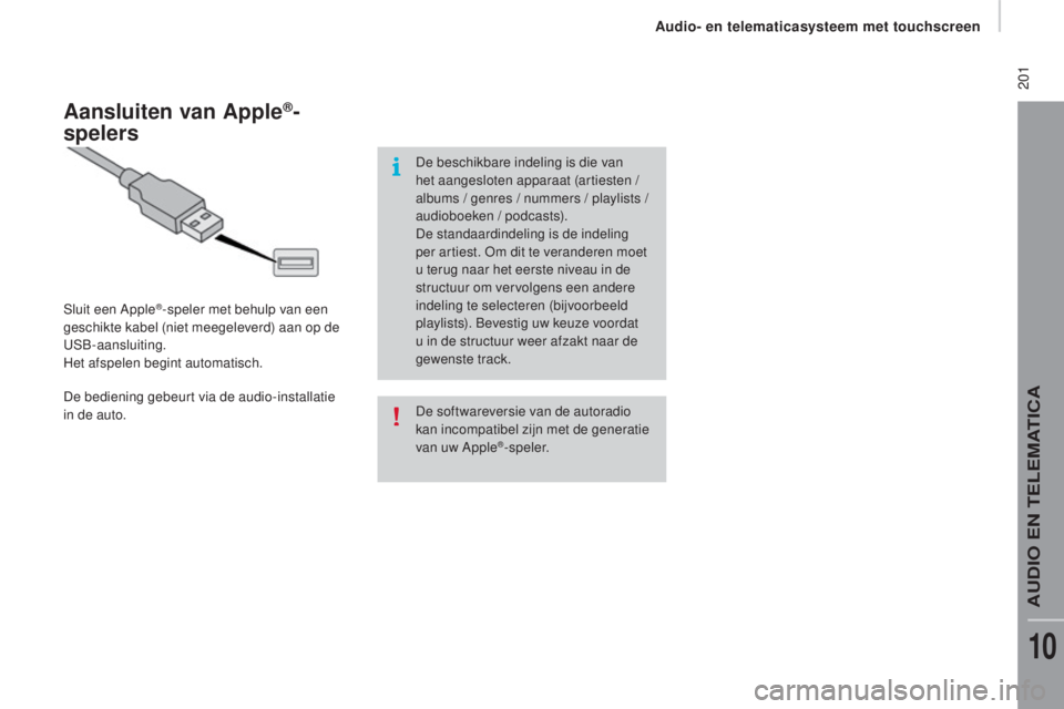 CITROEN JUMPER 2016 Instructieboekjes (in Dutch) 201
jumper_nl_Chap10a_Autoradio-Fiat-tactile-1_ed01-2015
De softwareversie van de autoradio
kan incompatibel zijn met de generatie
van uw Apple
®-speler.
Aansluiten van Apple®-
spelers
Sluit een CITROEN JUMPER 2016 Instructieboekjes (in Dutch) 201
jumper_nl_Chap10a_Autoradio-Fiat-tactile-1_ed01-2015
De softwareversie van de autoradio
kan incompatibel zijn met de generatie
van uw Apple
®-speler.
Aansluiten van Apple®-
spelers
Sluit een