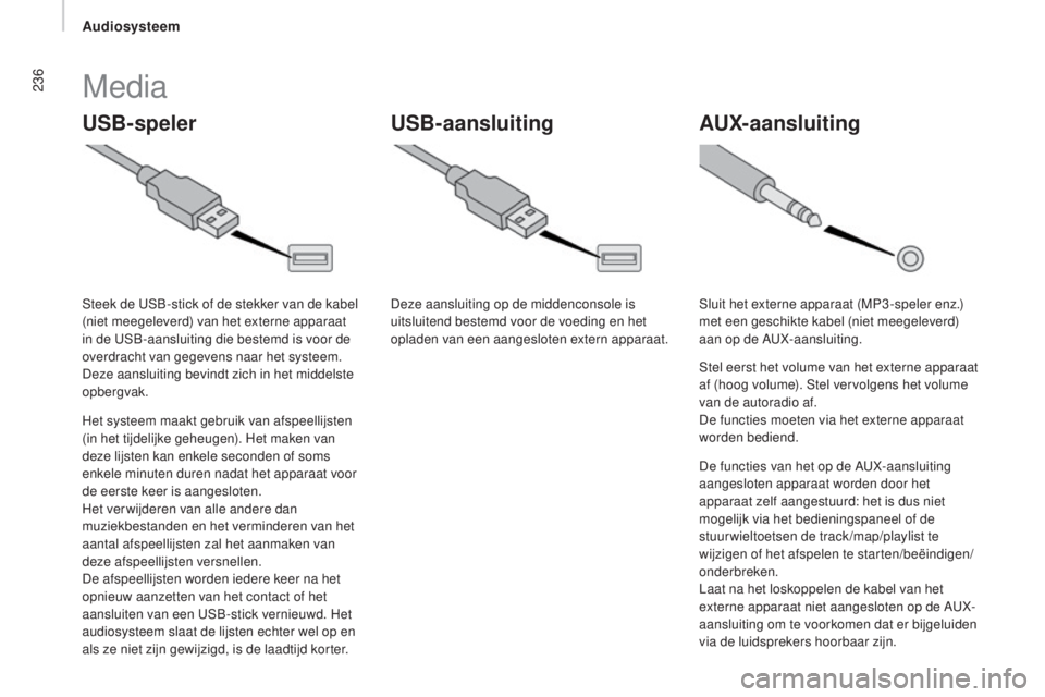 CITROEN JUMPER 2016 Instructieboekjes (in Dutch) 236
jumper_nl_Chap10b_Autoradio-Fiat-4_ed01-2015
USB-spelerAUx- aansluiting
USB-aansluiting
Media
Het systeem maakt gebruik van afspeellijsten
(in het tijdelijke geheugen). Het maken van
deze lijste CITROEN JUMPER 2016 Instructieboekjes (in Dutch) 236
jumper_nl_Chap10b_Autoradio-Fiat-4_ed01-2015
USB-spelerAUx- aansluiting
USB-aansluiting
Media
Het systeem maakt gebruik van afspeellijsten
(in het tijdelijke geheugen). Het maken van
deze lijste