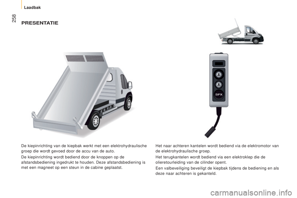 CITROEN JUMPER 2016  Instructieboekjes (in Dutch)  258
jumper_nl_Chap11_Particularites_ed01-2015
PReSenTATIe
De kiepinrichting van de kiepbak werkt met een elektrohydraulische 
groep die wordt gevoed door de accu van de auto.
De kiepinrichting wordt 