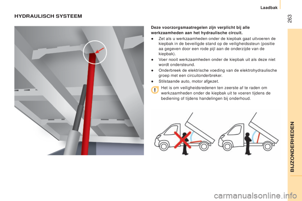 CITROEN JUMPER 2016  Instructieboekjes (in Dutch)  263
jumper_nl_Chap11_Particularites_ed01-2015
HydRAUlISCH SySTeeM
deze voorzorgsmaatregelen zijn verplicht bij alle 
werkzaamheden aan het hydraulische circuit.
●
 
Zet als u werkzaamheden onder de