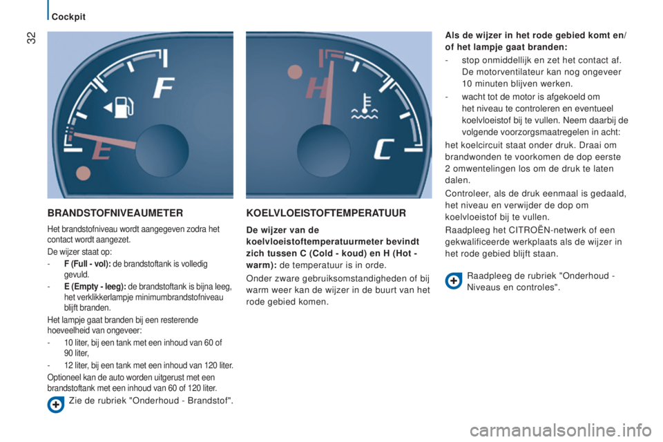 CITROEN JUMPER 2016  Instructieboekjes (in Dutch)  32
jumper_nl_Chap02_Pret-a-Partir_ed01-2015
BRAndSTOFnIVeAUMeTeR
Het brandstofniveau wordt aangegeven zodra het 
contact wordt aangezet.
De wijzer staat op:
- 
F (Full - vol):
  de brandstoftank is v