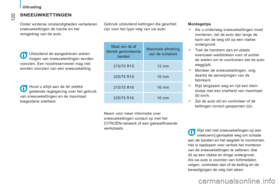 CITROEN JUMPER 2015  Instructieboekjes (in Dutch) Uitrusting
 120
JUMPER-PAPIER_NL_CHAP06_ACCESSOIRES_ED01-2014
     SNEEUWKETTINGEN 
  Onder winterse omstandigheden verbeteren 
sneeuwkettingen de tractie en het 
remgedrag van de auto.   Uitsluitend 