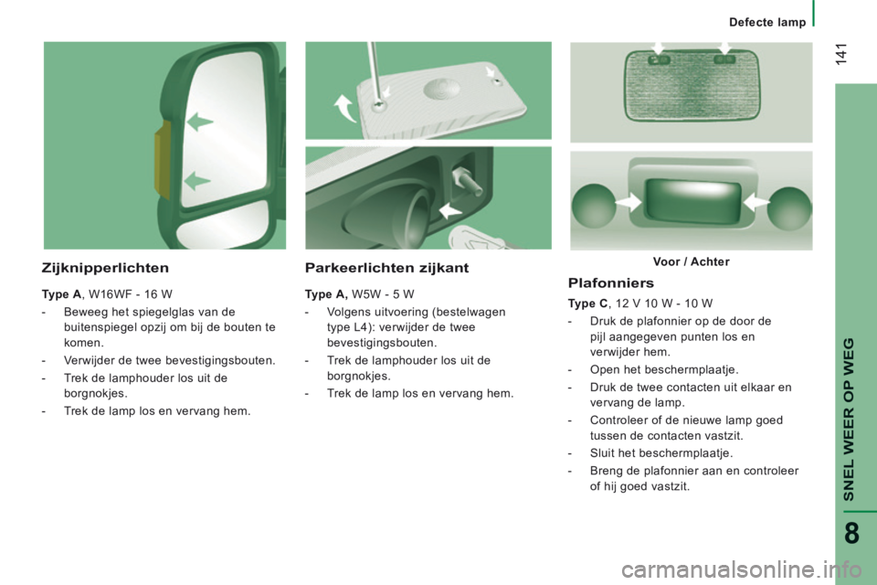 CITROEN JUMPER 2015 Instructieboekjes (in Dutch) Defecte lamp
141
SNEL WEER OP WEG
8
JUMPER-PAPIER_NL_CHAP08_AIDE RAPIDE_ED01-2014
Plafonniers
Type C , 12 V 10 W - 10 W
- Druk de plafonnier op de door de pijl aangegeven punten los CITROEN JUMPER 2015 Instructieboekjes (in Dutch) Defecte lamp
141
SNEL WEER OP WEG
8
JUMPER-PAPIER_NL_CHAP08_AIDE RAPIDE_ED01-2014
Plafonniers
Type C , 12 V 10 W - 10 W
- Druk de plafonnier op de door de pijl aangegeven punten los