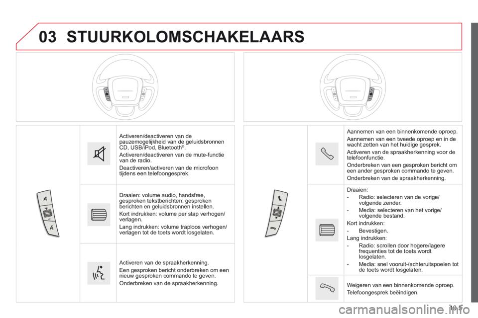 CITROEN JUMPER 2015  Instructieboekjes (in Dutch) 03
10.5
JUMPER-PAPIER_NL_CHAP10A_AUTORADIO_FIAT-TACTILE-1_ED01-2014
 STUURKOLOMSCHAKELAARS 
 Activeren/deactiveren van de pauzemogelijkheid van de geluidsbronnen CD, USB/iPod, Bluetooth ® .  Activere