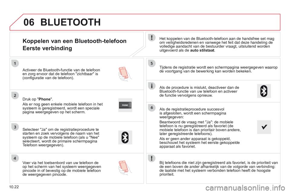 CITROEN JUMPER 2015  Instructieboekjes (in Dutch) 06
10.22
Koppelen van een Bluetooth-telefoon  
Eerste verbinding 
  Het koppelen van de Bluetooth-telefoon aan de handsfree set mag om veiligheidsredenen en vanwege het feit dat deze handeling de voll