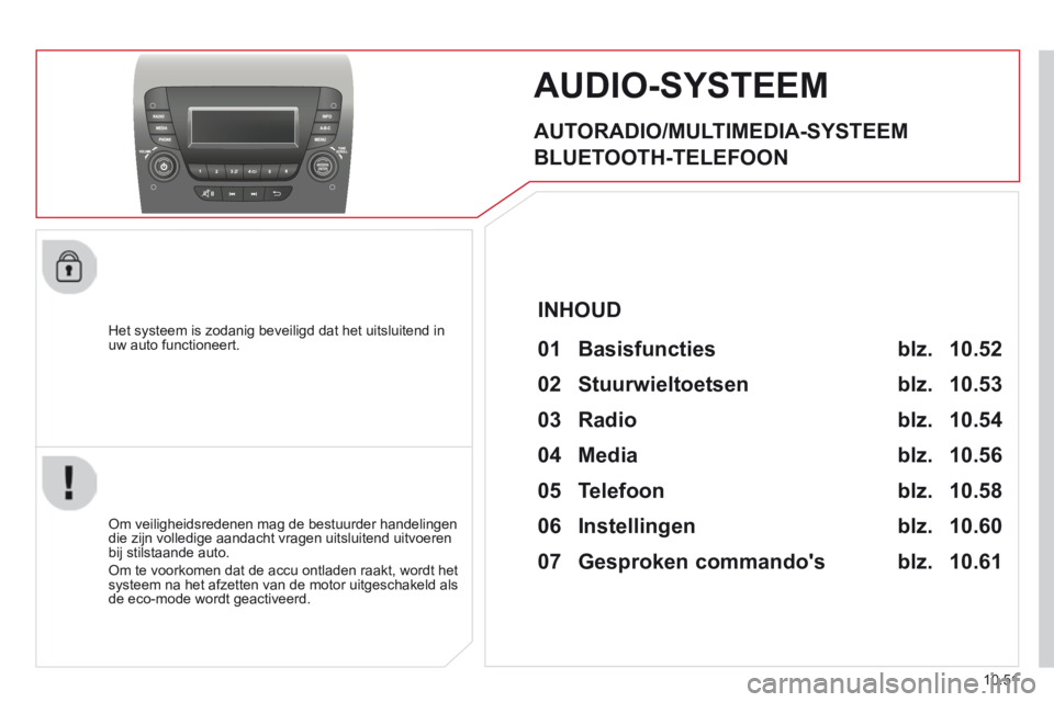 CITROEN JUMPER 2015  Instructieboekjes (in Dutch) 10.51
JUMPER-PAPIER_NL_CHAP10B_AUTORADIO_FIAT-4_ED01-2014
     AUDIO-SYSTEEM 
  AUTORADIO/MULTIMEDIA-SYSTEEM 
 BLUETOOTH-TELEFOON 
  Het systeem is zodanig beveiligd dat het uitsluitend in uw auto fun