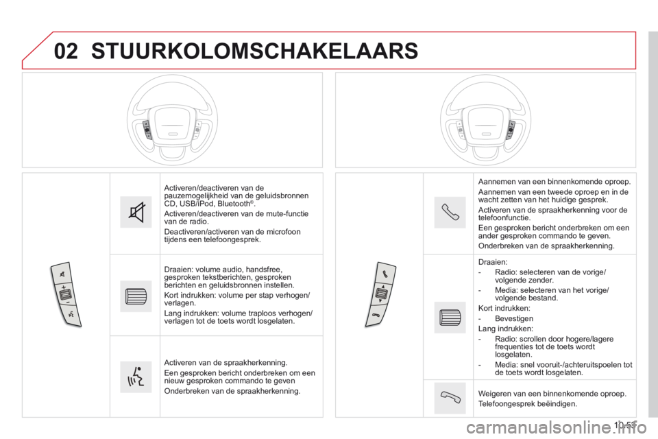 CITROEN JUMPER 2015  Instructieboekjes (in Dutch) 02
10.53
JUMPER-PAPIER_NL_CHAP10B_AUTORADIO_FIAT-4_ED01-2014
 STUURKOLOMSCHAKELAARS 
 Activeren/deactiveren van de pauzemogelijkheid van de geluidsbronnen CD, USB/iPod, Bluetooth ® .  Activeren/deact