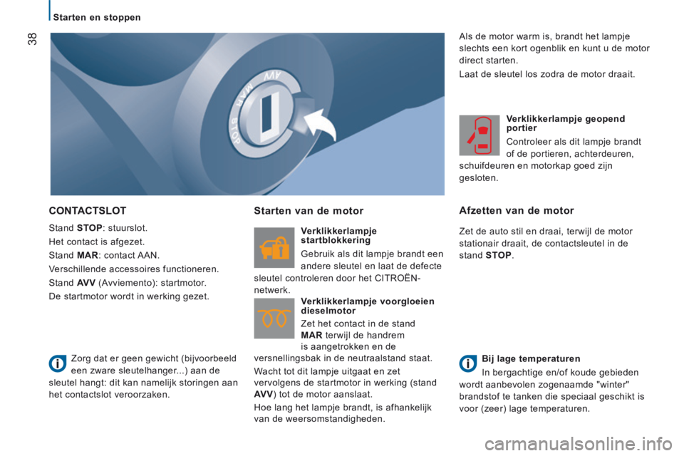 CITROEN JUMPER 2015  Instructieboekjes (in Dutch)    Starten  en  stoppen   
38
JUMPER-PAPIER_NL_CHAP02_PRET A  PARTIR_ED01-2014
 CONTACTSLOT 
 Stand   STOP :  stuurslot. 
 Het contact is afgezet. 
 Stand   MAR :  contact  AAN. 
 Verschillende access