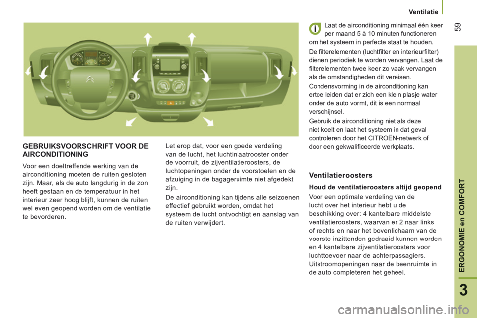 CITROEN JUMPER 2015  Instructieboekjes (in Dutch)    Ventilatie   
59
3
ERGONOMIE en COMFORT
JUMPER-PAPIER_NL_CHAP03_ERGO ET CONFORT_ED01-2014
 GEBRUIKSVOORSCHRIFT VOOR DE AIRCONDITIONING 
 Voor een doeltreffende werking van de 
airconditioning moete