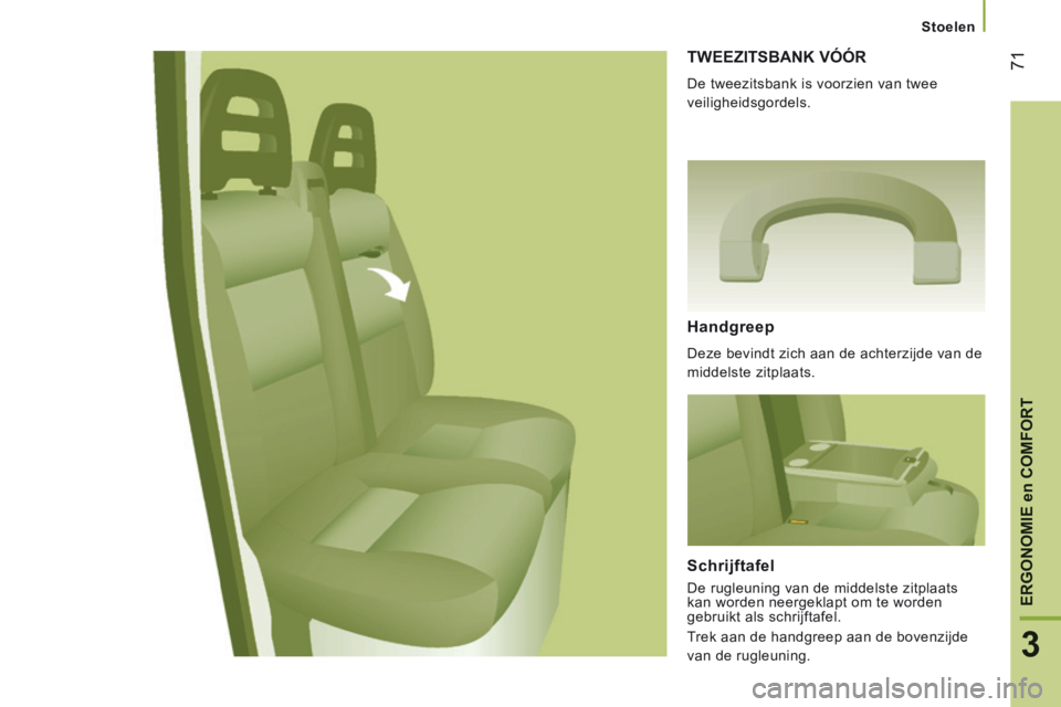 CITROEN JUMPER 2015 Instructieboekjes (in Dutch) Stoelen
71
3
ERGONOMIE en COMFORT
JUMPER-PAPIER_NL_CHAP03_ERGO ET CONFORT_ED01-2014
TWEEZITSBANK VÓÓR
De tweezitsbank is voorzien van twee
veiligheidsgordels.
Handgreep
Deze bevindt CITROEN JUMPER 2015 Instructieboekjes (in Dutch) Stoelen
71
3
ERGONOMIE en COMFORT
JUMPER-PAPIER_NL_CHAP03_ERGO ET CONFORT_ED01-2014
TWEEZITSBANK VÓÓR
De tweezitsbank is voorzien van twee
veiligheidsgordels.
Handgreep
Deze bevindt