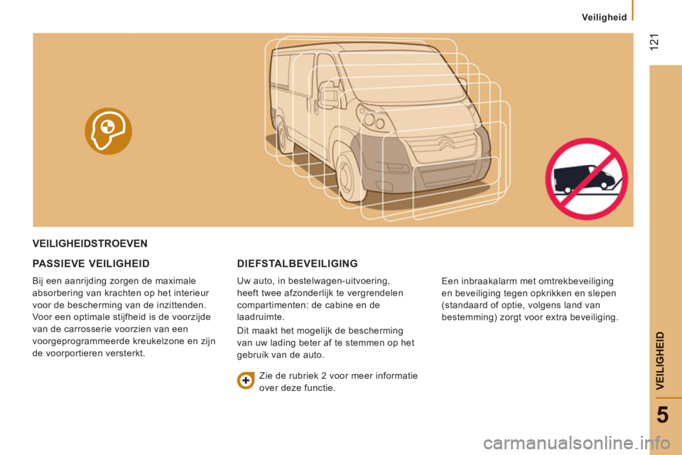 CITROEN JUMPER 2014  Instructieboekjes (in Dutch) 12
1
5
VEILIGHEI
D
   
 
 
Veiligheid  
 
 
VEILIGHEIDSTROEVEN
PA
SSIEVE VEILIGHEID
  Bij een aanrijding zorgen de maximale 
absorbering van krachten op het interieur 
voor de bescherming van de inzit
